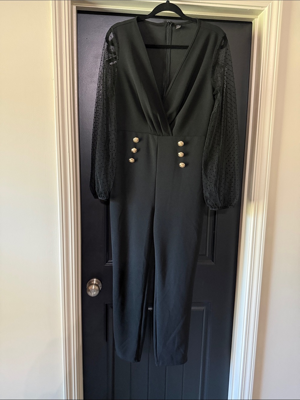 SHEIN Black Wrap Front Jumpsuit with Sheer Sleeves